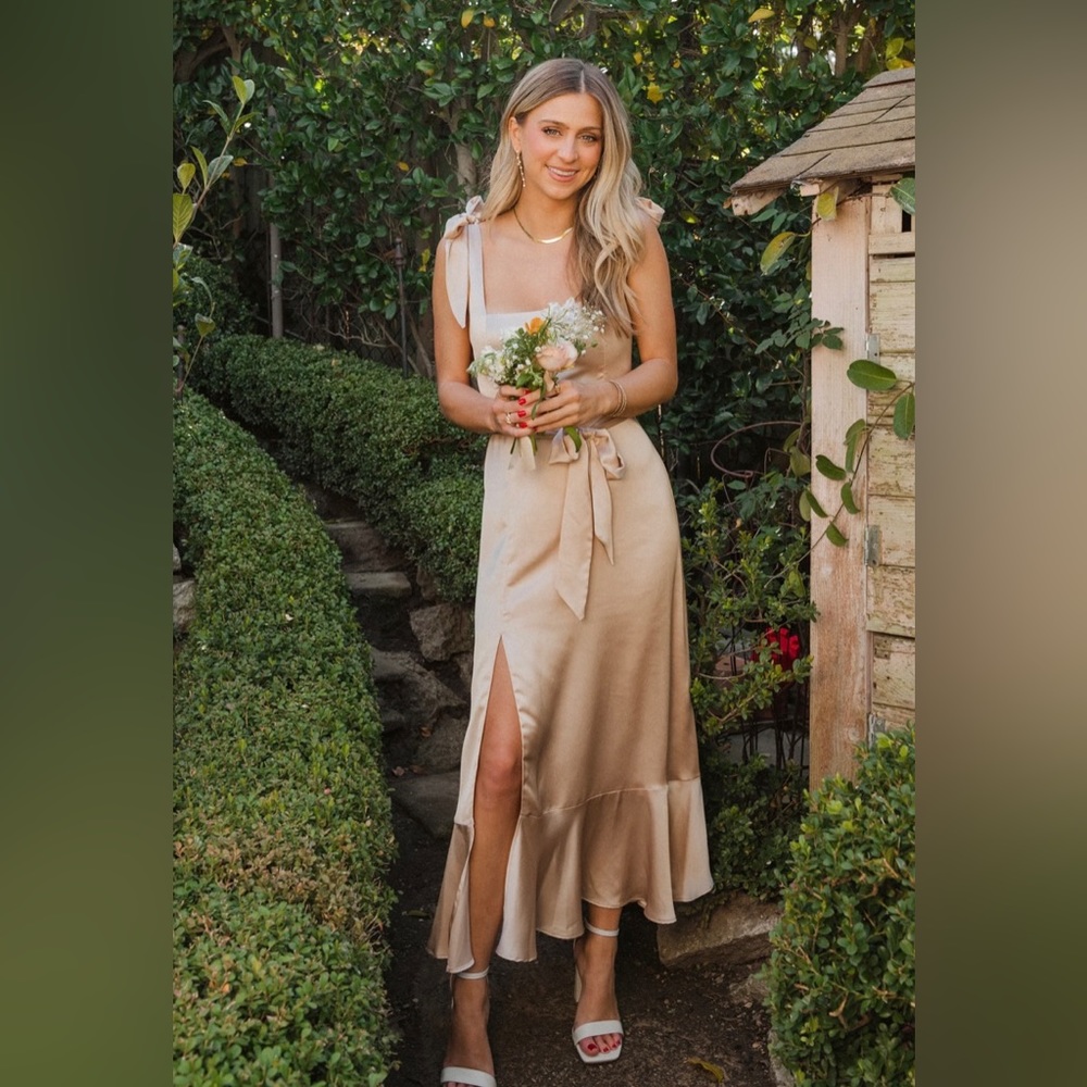 Show Me Your Mumu - Claire Midi Dress in  Champagne Luxe Satin
